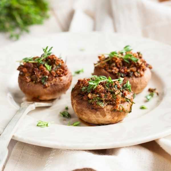SPICY STUFFED MUSHROOM CAPS WITH CRISPY FRIED ONIONS