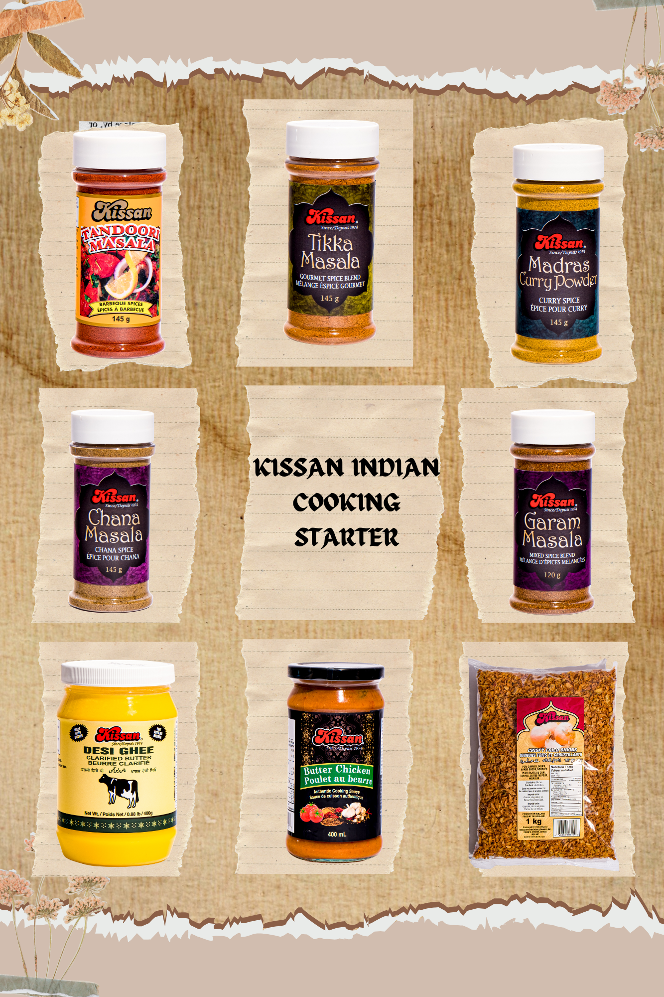 Kissan Indian Cooking Starter, Tandoori Masala, Tikka Masala, Madras Curry Powder, Chana Masala, Garam Masala, Desi Ghee, Butter Chicken Sauce, Crispy Fried Onions